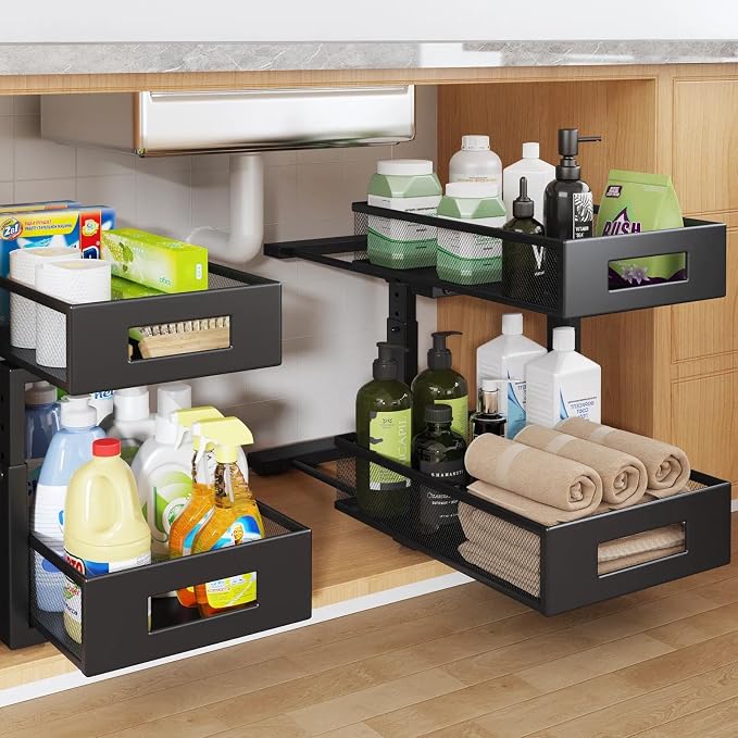 Under Sink Organizer, 2-Tier Dual Pull Out Cabinet Organizer Drawers With Smooth Circular Rail, Large Capacity Metal Mesh Sliding Shelves For Bathroom& Kitchen Storage,Height Adjustable–Black,2 Packs
