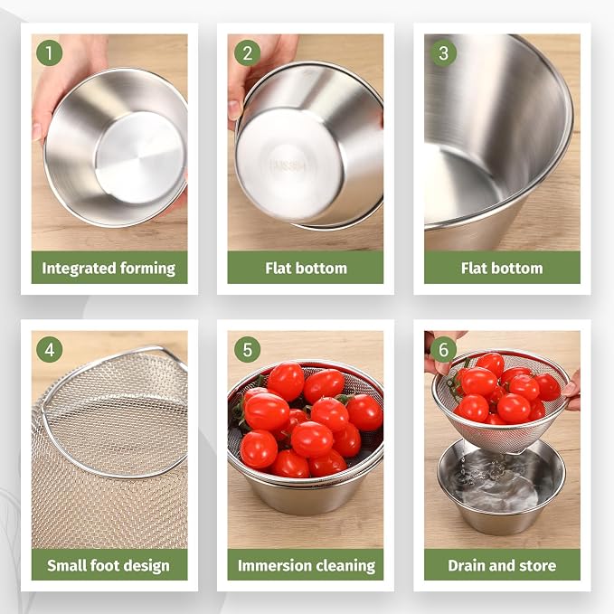 Baderke Mini Colander & Food Strainer 304 Stainless Steel Small Mixing Colanders Bowl Rice Strainer for Kitchen Cooking Fruit Washing Vegetable (6.3 x 2.76 Inches,Silvery,4 Pcs)