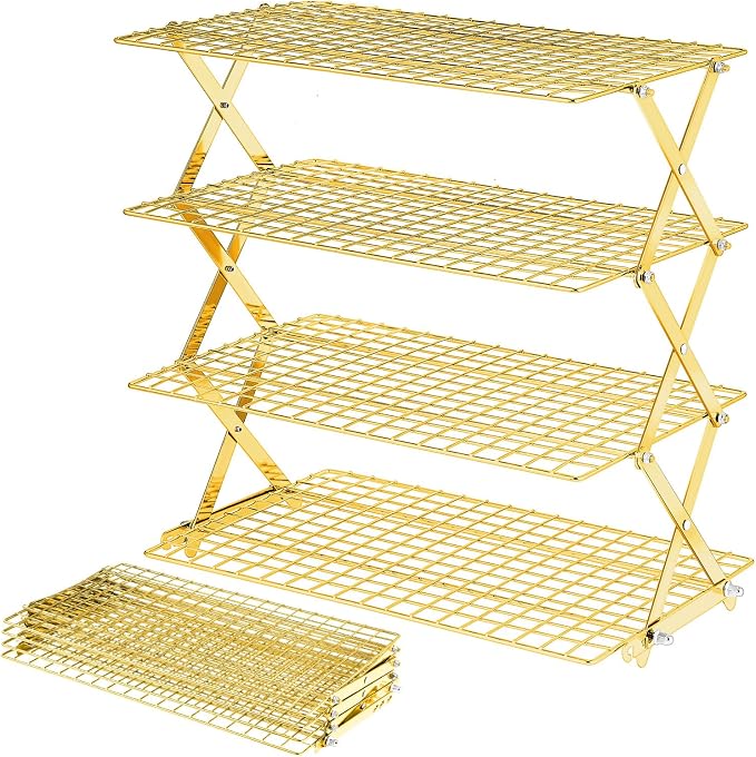 BEWOS 4 Tier Collapsible Cooling Rack - Adjustable Stainless Steel Baking Rack with Mesh Leak Proof，Foldable X-Shaped Structure Cooling Racks for Cooking and Baking, Dishwasher Safe（Gold）