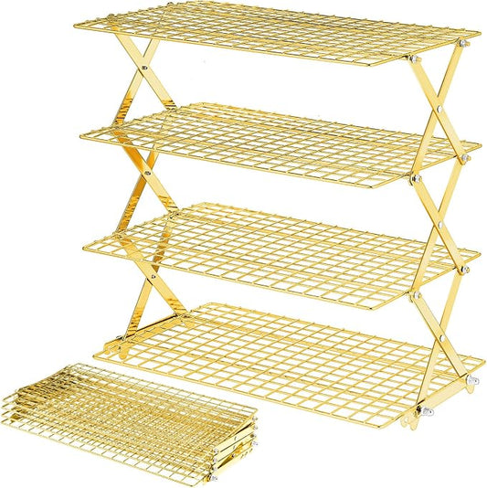 BEWOS 4 Tier Collapsible Cooling Rack - Adjustable Stainless Steel Baking Rack with Mesh Leak Proof，Foldable X-Shaped Structure Cooling Racks for Cooking and Baking, Dishwasher Safe（Gold）
