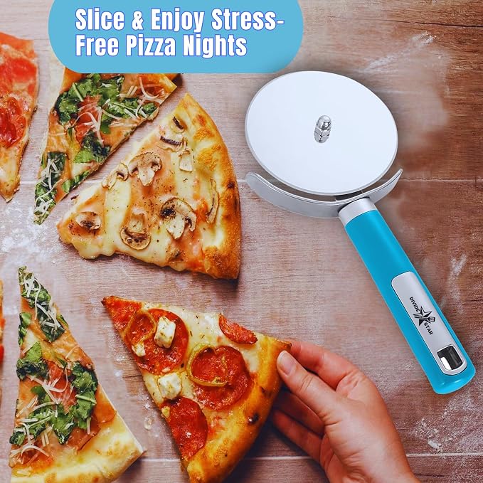 DIVIDESTAR Pizza Cutter Wheel, 4", Blue | Sharp Stainless Steel Blade, Ergonomic Grip, Dishwasher Safe, For Thick Crust, Flatbreads, Dough