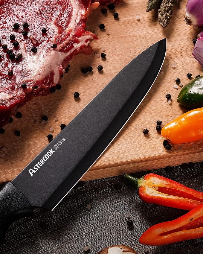 Astercook Knife Set, Kitchen Knife Set with Built-in Sharpener Block, Dishwasher Safe, 15 Pieces German Stainless Steel Knife Block Set, Black Perfect Kitchen Fathers Day Gift for Men