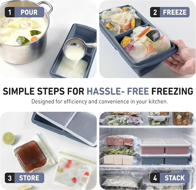 Silicone Freezer Tray with Lid Soup Freezer Container Molds with Steel Reinforced Rim Large Ice Cube Tray Makes 4 Perfect 2 Cup Portions Cubes Storage Food Housewarming Gift Kitchen Must Haves