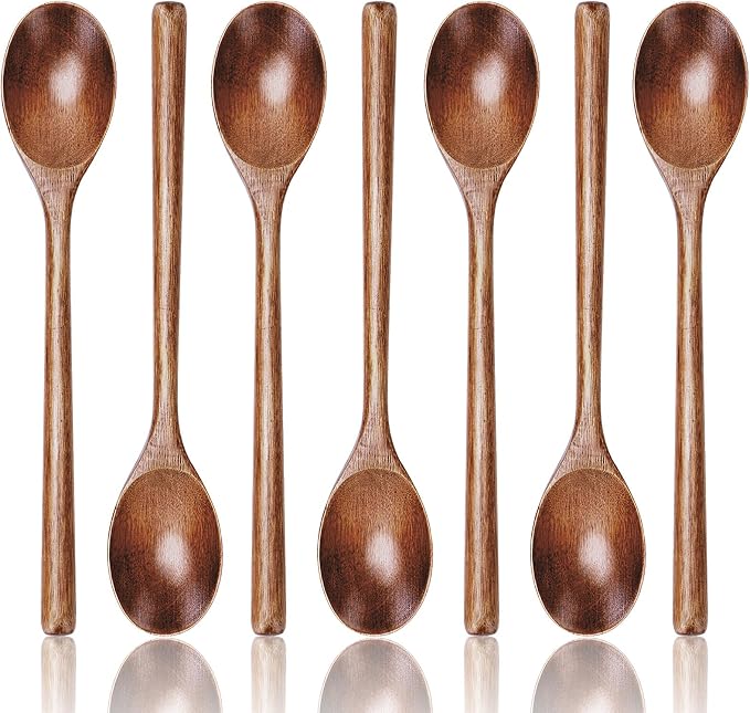7PCS Wooden Spoons for Eating, 9.3Inch Large Wooden Ladles for Mixing Stirring Tasting and Baking, Extra Long Handle Spoons for Serving Pasta and Big Bulk Cooking Utensils Set