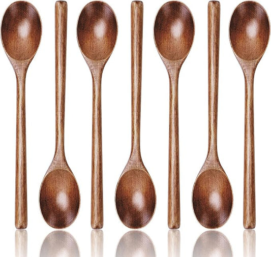 7PCS Wooden Spoons for Eating, 9.3Inch Large Wooden Ladles for Mixing Stirring Tasting and Baking, Extra Long Handle Spoons for Serving Pasta and Big Bulk Cooking Utensils Set