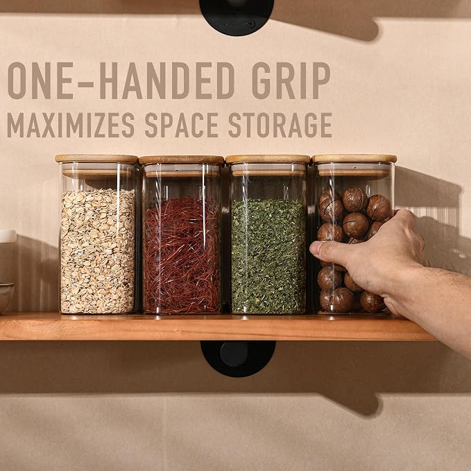 D2scrma 37oz Rectangle Airtight Glass Storage Containers with Bamboo Lids (Set of 6), Square Food Storage Jar, Pantry Organizers for Cereal, Nuts, Snacks and Coffee beans (‎with Black Lable)