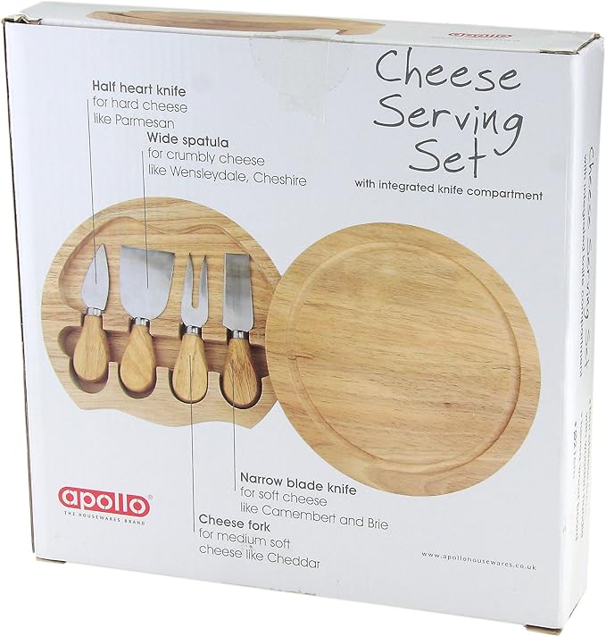 APOLLO THE HOUSEWARES BRAND Cheese Board Set - inc Hidden Knife Tray - Wooden Handle Knives & Fork - Quality Hevea Wood - Size 21x3.5cm, Multicolour (1974)