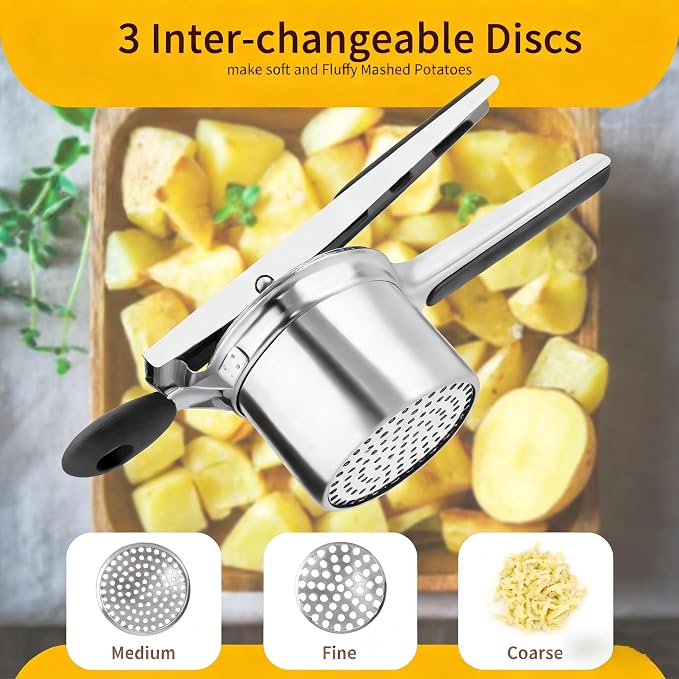 Heavy Duty Stainless Steel Potatoes Ricer and Potato Smasher - Professional Grade Kitchen Tool for Mashing Potatoes, Vegetables & Fruits - Large Capacity Press with Ergonomic Soft Grip Handles
