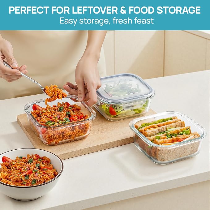 Vtopmart 5Pack 27oz Glass Food Storage Containers with Lids, Grey | Glass Meal Prep Container Sets, Sandwich Containers, Snap Airtight Lid For Microwave, Oven, Freezer and Dishwasher, BPA Free