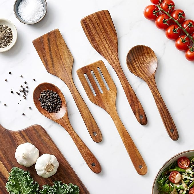 5 Pcs Best Wooden Spoons for Cooking Kitchen Utensils Set Acacia Wood Cooking Spatula Turner Non Toxic Utensil Slotted Serving Spoon Flat Spatulas Set Wooden Utensis Mixing Cooking Spoon