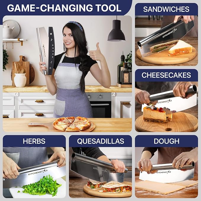 12-Inch Pizza Cutter Rocker Blade, 304 Stainless Steel Slicer Knife, Silver | Protective cover included, dishwasher safe, one-piece design, food-grade stainless steel, suitable for small pizzas