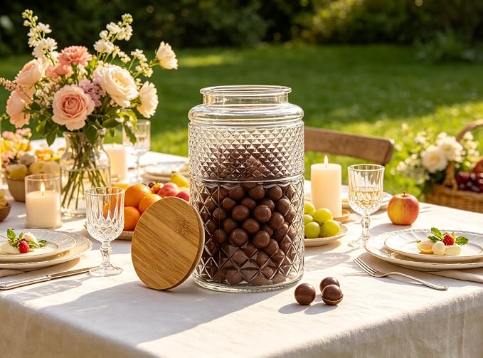1 Gallon Large Vintage Glass Storage Jar with Airtight Bamboo Lid, Round | Kitchen Pantry Thick Glass Container for Flour Sugar Cookie Coffee Laundry Pods, Wide Mouth Opening and Airtight Bamboo lid