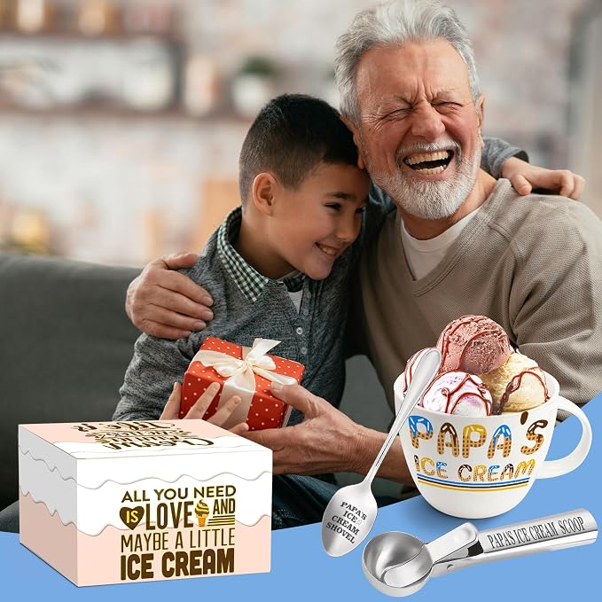 FUTBU Papa Gifts, Gifts for Him Papa Fathers Day, Dad's Ice Cream Bowl Scoop Shovel Spoon Set, Papa’s Ice Cream Gift, Ideal Xmas Birthday Father's Day Gift for Man