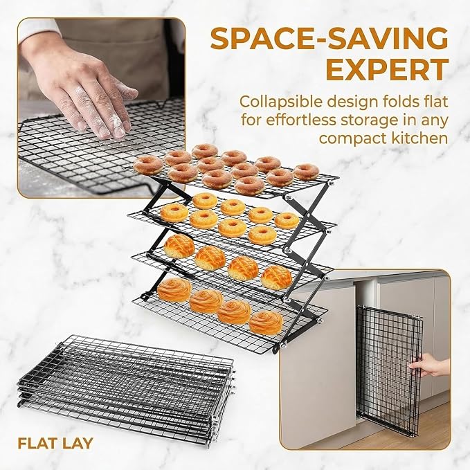 Collapsible Cooling Rack, Adjustable Stainless Steel Drying Rack (FOLD-3-TIER) | X-Shaped Structure Wire Cooling Rack for Baking, Cookies, Cake, Fruit, Bread,Roasting, Grilling, Drying Rack, Dishwasher Safe
