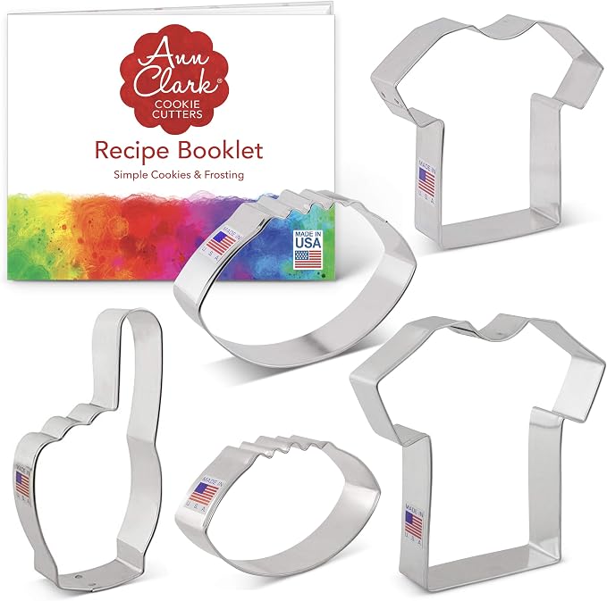 Ann Clark Football Cookie Cutters 5-Pc. Set (Fan Hand, Large Football, Small Football, Large T-shirt/Jersey, Small T-shirt/Jersey) Made in USA