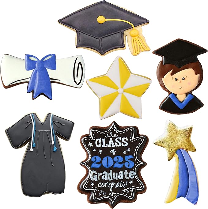 Ann Clark Graduation Cookie Cutters 7-Pc. Set (Graduation Cap, Gown, Diploma, Graduate, Star, and more) Made in USA
