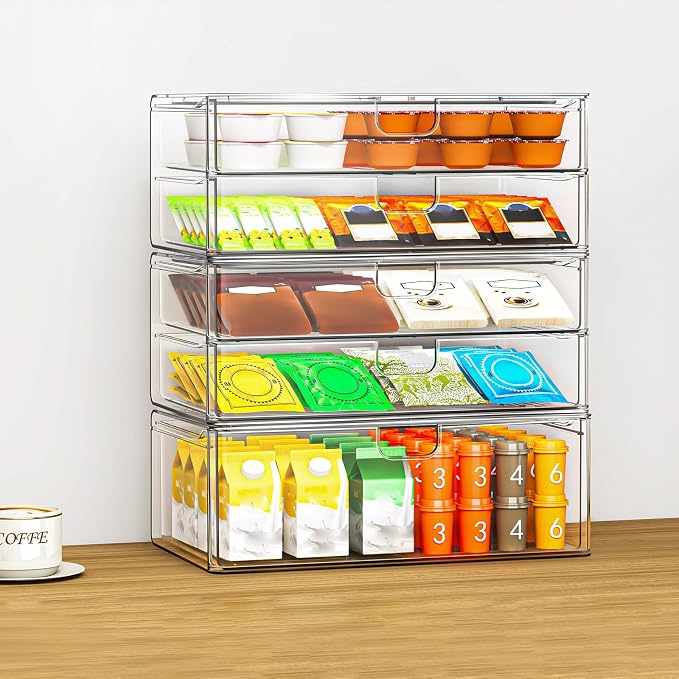 6-Pack Acrylic Stackable Storage Drawers for Vanity, Desk, Bath | 2 large & wide 13" drawers, Smooth-glide, stackable, clear body, dustproof, wipe clean, for makeup, pantry jars, under sink