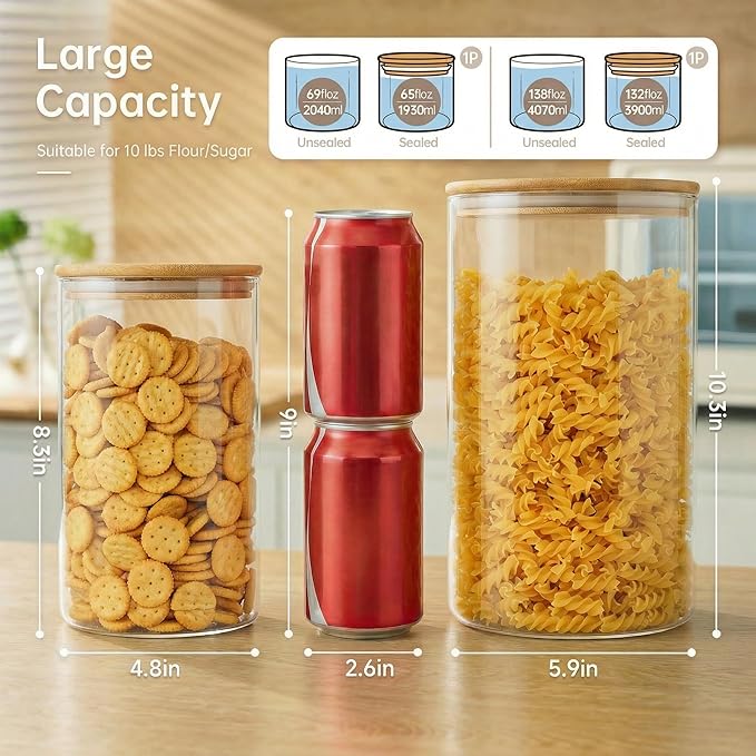 Large Glass Storage Containers with Bamboo Lids for Flour & Sugar, 2 Pack | Airtight Pantry Jar for Flour, Sugar & Rice, Durable Borosilicate Glass Canisters Keep Food Dry & Fresh, Easy to Fill & Clean