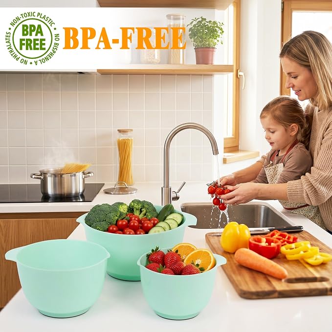 BoxedHome Mixing Bowls Set of 4, BPA Free Plastic,Microwave Safe, Green | 4.5/3.5/2.5/1.7 quarts,Non-slip Base Large Nesting Bowl with Pour Spout, Dishwasher Safe, for Prep, Cooking,Baking