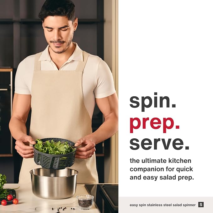 Zyliss Easy Spin Salad Spinner Stainless Steel Small, Non-Slip Base, Serving Bowl, AquaVent™ Technology, Retractable Cord and Brake System, Easy to Clean