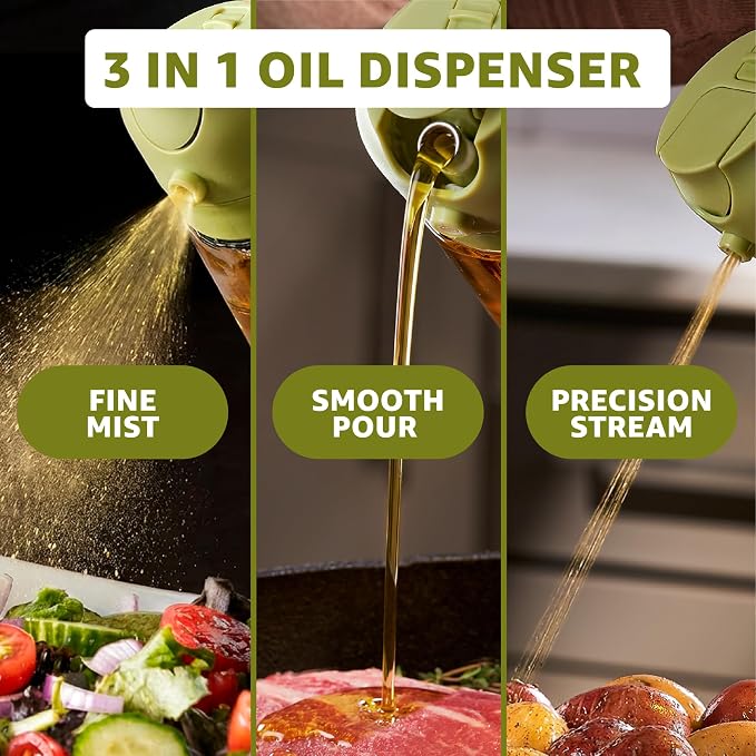 FineDine 16 oz Glass Olive Oil Sprayer for Cooking, Oil Dispenser, Green | Glass 2-in-1 olive oil dispenser bottle, oil dispenser for kitchen, oil spray bottle, mist or stream, anti-drip spout, salads