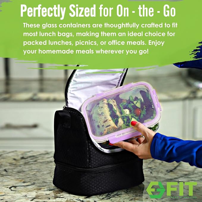 Glass Meal Prep Containers 2 & 3 Compartments with Lids 4 Pack 32 oz | Glass Food Storage Portion Control Bento Box, Airtight Leak Proof Lids, Microwave Oven Freezer Dishwasher Safe, Lavender