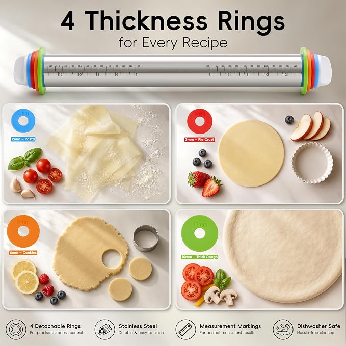 Adjustable Stainless Steel Rolling Pin & Non-Slip Silicone Baking Mat Set with Thickness Rings, Dough Roller with Guides & Pastry Mat for Fondant,Pizza, Cookies, Pies,Baking Supplies & Kitchen Gadgets