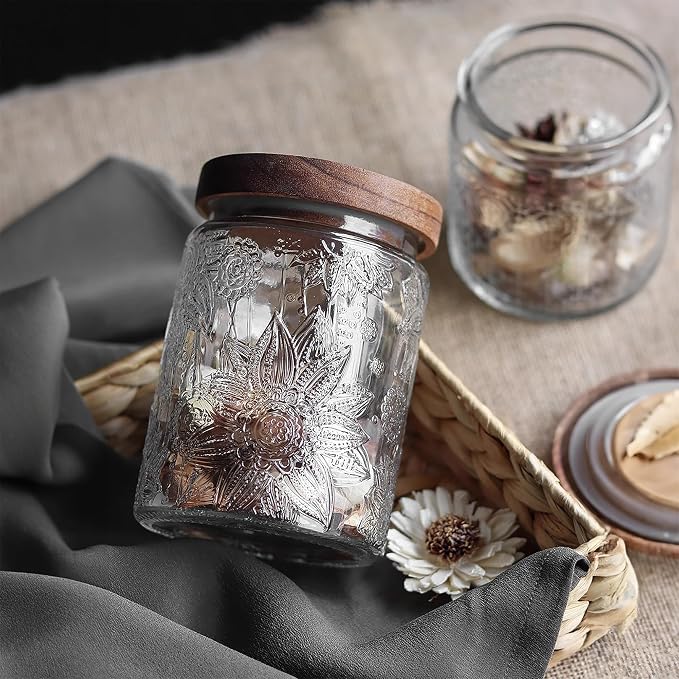 Glass Storage Jars With Airtight Lid, 23.7oz Container For Kitchen Counter with Wooden Lid, brown sugar, candy, coffee, cookie, salt, tea, cute Jar (Sunflower*2)