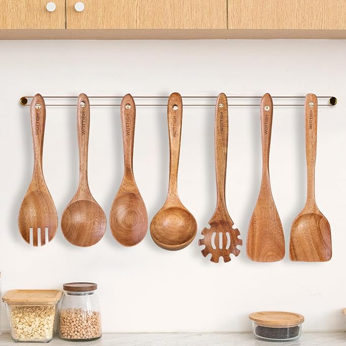Wooden Spoons for Cooking,WOTTISH 7Pcs Wooden Cooking Utensils,Nonstick Wooden Spatula,Wooden Kitchen Utensils Set Non Toxic,Wooden Utensil Set(A07)