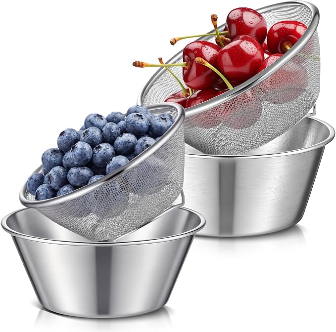 Baderke Mini Colander & Food Strainer 304 Stainless Steel Small Mixing Colanders Bowl Rice Strainer for Kitchen Cooking Fruit Washing Vegetable (6.3 x 2.76 Inches,Silvery,4 Pcs)