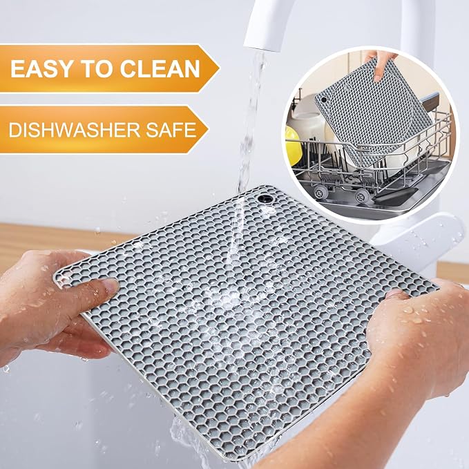4 PCS Heat Resistant Silicone Trivet Mat for Hot Dishes, Hot Pots and Pans | Multipurpose Non-Slip Hot Pads Pot Holders for Kitchen Countertops Table, Spoon Rest, Food Grade Silicone & BPA Free, Grey