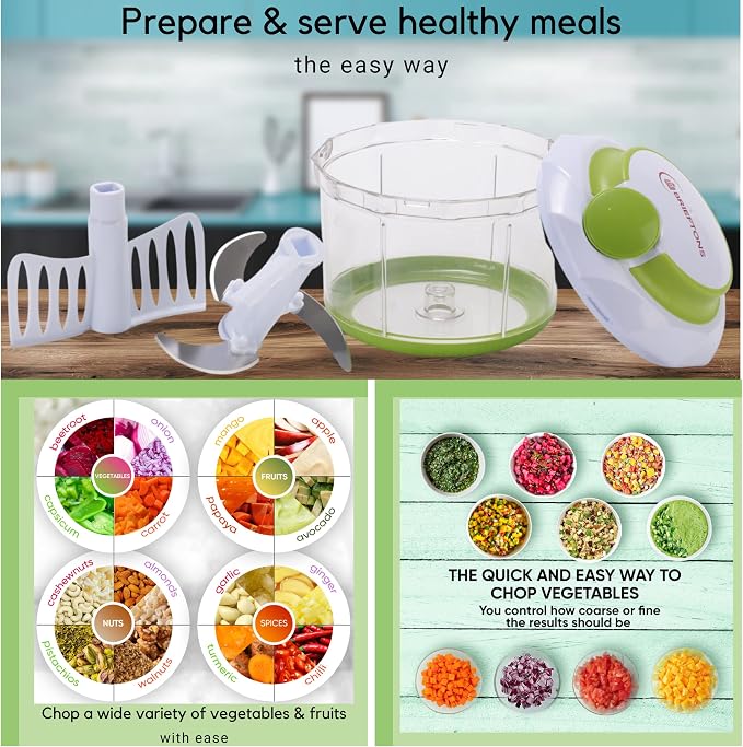 Brieftons QuickPull Manual Food Chopper, 4-Cup Hand Pull String Chopper, No Electricity, Chops Onion Tear-Free, Garlic, Vegetables, Herbs, Nuts for Salsa, Guacamole, Pesto, Baby Food, RV, Camping