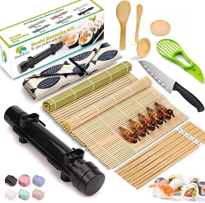SmileTools Sushi Making Kit, 22pcs Roller Maker for Beginners With Guide Book, Bazooka, Knife, Mat, Avocado Slicer, Chopsticks, Sauce Dishes & More - Sushi Lover's Gift