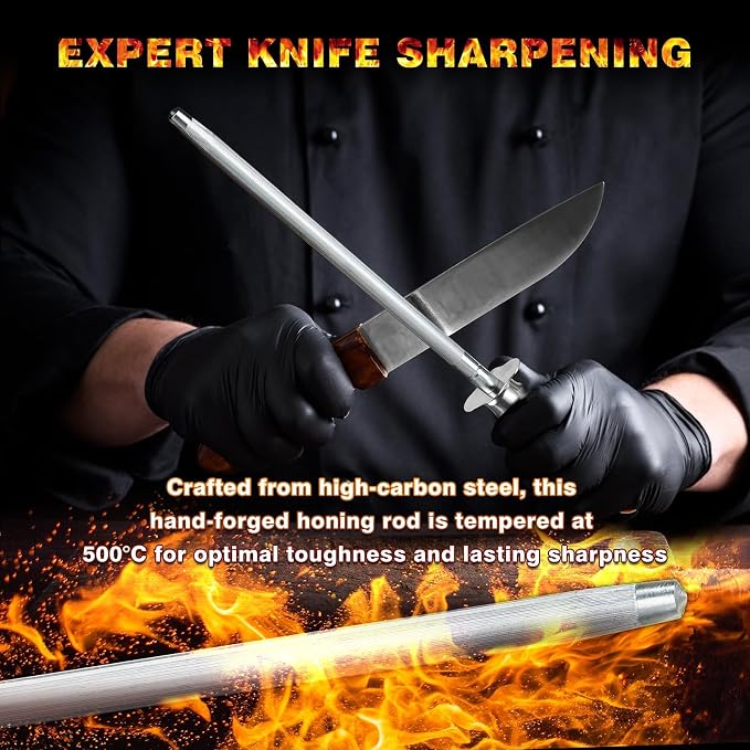 Knife Sharpener Rod, 13 Inch Carbon Steel Honing Steel for Kitchen Knives, Professional Magnetized Sharpening Stick with Nickel-Chrome Plating, Easy Grip Tool for Chef Knives (Laurel N, Wooden Handle)