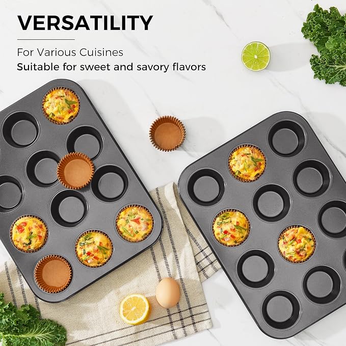 Muffin Pans with 120 Natural Parchment Liners, Nonstick Cupcake Baking Tray for Oven, Premium Standard Size, 12 Cup, 2 Pack, Dark Grey
