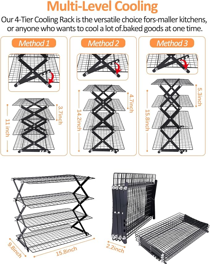 4 Tier Collapsible Cooling Rack, 2/3/4-Tier Upgraded,Adjustable ＆ Stackable Baking Rack, 5 Modes Cooling Racks for Cooking and Baking, Roasting ＆ Grilling Gifts for Picnic Party