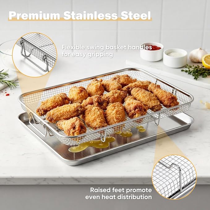 E-far Air Fryer Basket for Oven, Large 16” x 12” Stainless Steel Air Fryer Pan and Crisper Tray, Air Fryer Rack with Baking Pan for Crisper Foods Frying Healthy Cooking, Dishwasher Safe