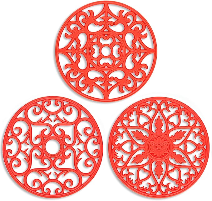 ME.FAN Trivets for Dishes/Pots/Pans, 3 Pcs Silicone Mats, Flexible/Durable/Non Slip Hot Pads to Protect Table and Counter Top (Red)