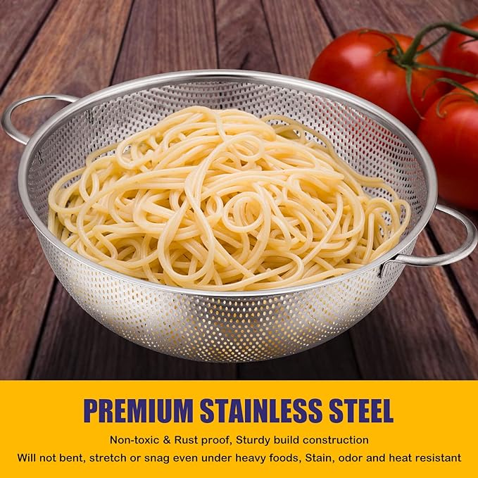 E-far Stainless Steel Colander Set of 3 (1-3-5Quart), Micro-Perforated Metal Colander Strainer with Handle for Kitchen/Draining Pasta/Rinsing Vegetables Fruits, Heavy Duty & Dishwasher Safe