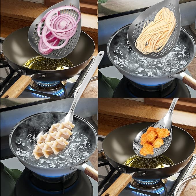 2 Pcs Skimmer Slotted Spoon, 304 Stainless Steel Skimmer Spoon Long Handle Spider Strainer Spoon Pasta Spoon Metal Ladle Spoon Fryer Scoop Wok Spatula for Cooking, Frying, Colander, Kitchen Utensils