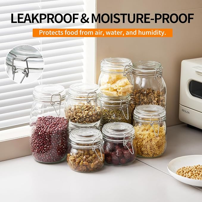 3 Pack 68oz Food Storage Jars with Airtight Lids, Preserving Seal Wire Clip Fastening Glass Containers, Canisters for Kitchen Organization, Flour, Cereal, Pasta, Sugar, Beans, Pickling Jars(68 Oz*3)