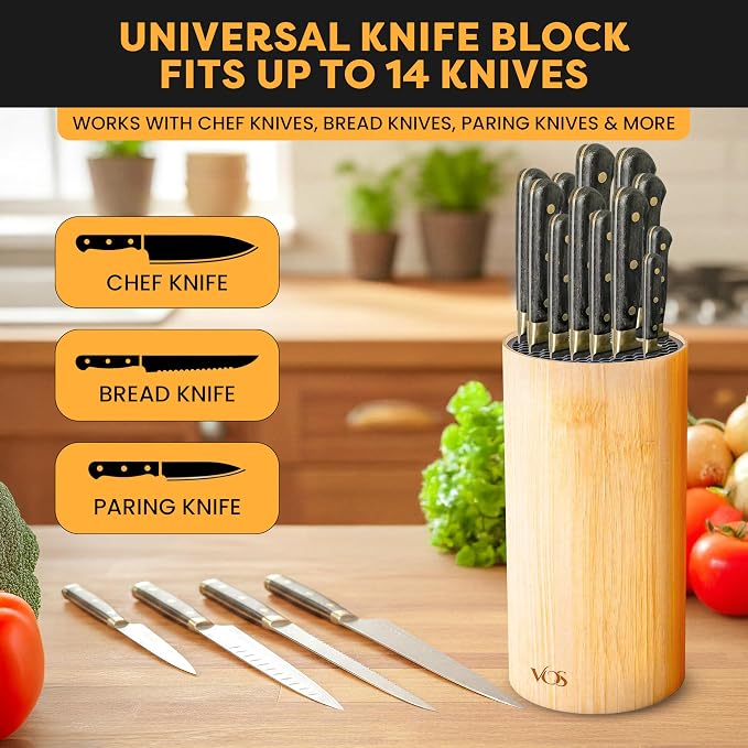 Vos Universal Knife Block - Countertop Knife Block Without Knives - Knife Holder with Non-Slip Base Sturdy Knife Organizer - Space Saving Knife Stand, Sleek & Modern Knife Rack - Bamboo
