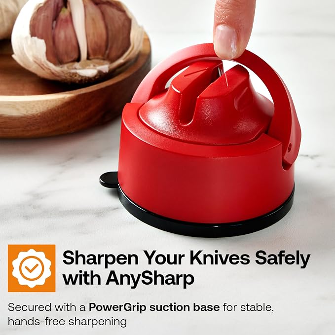 AnySharp – Evo – Hands Free Knife Sharpener - Easy to Use Sharpening Tool with Improved PowerGrip Suction Base and 20-Deg Pre-Set Angle - for All Knives: Chef's, Serrated, and Hardened Steel - Red