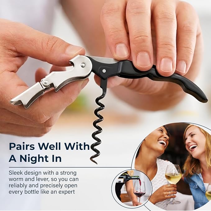 HiCoup Kitchenware Wine Opener - Professional Corkscrews for Wine Bottles w/Foil Cutter and Cap Remover - Manual Wine Key for Servers, Waiters, Bartenders and Home Use - Stainless Steel Black