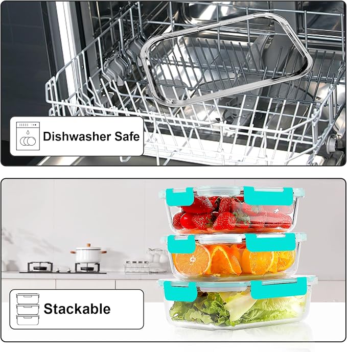 VERONES 10 PACK 22 OZ Glass Meal Prep Containers Set with Lids, Green | Airtight Glass Lunch Containers Set, Glass Food Storage Containers, for Microwave, Oven, Freezer & Dishwasher Friendly