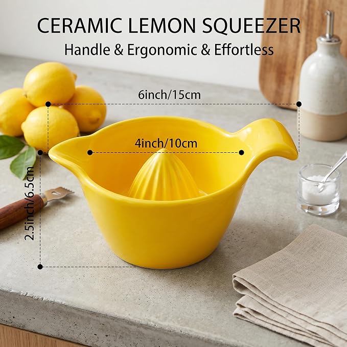 4 inch Ceramic Lemon Squeezer - Manual Citrus Juicer with Handle and Easy Pour Spout for Lemon, Orange, Lime&Grapefruit -Easy to Clean Hand Press Juicer,Microwave & Dishwasher Safe,Lead-Free (Yellow)