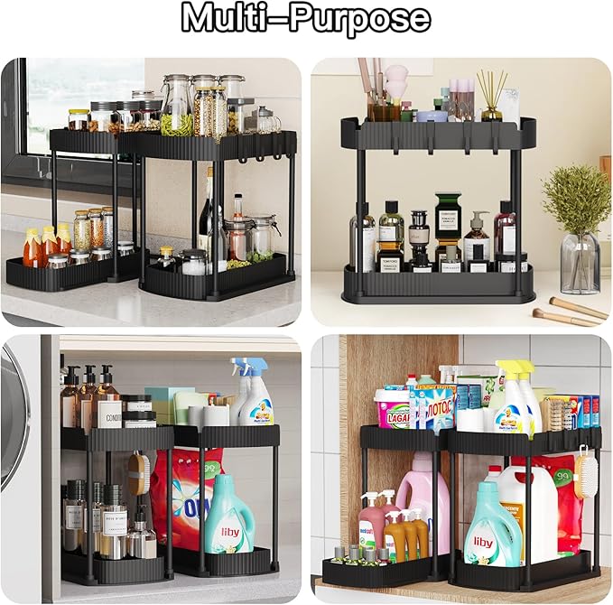 2 Packs Under Sink Pull-Out Storage Organizers, 14.8 Inches, Black | Multi-Purpose Cabinet Organizers and Storage for Bathroom & Kitchen