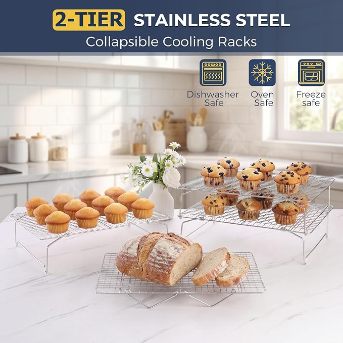 E-far Cooling Rack 15”x10”, 2-Tier Collapsible for Cooking and Baking | Tight-Wire Stainless Steel Cookie Rack for Baking Sheet, Oven, Roasting, Stackable & Space Saving, Dishwasher Safe