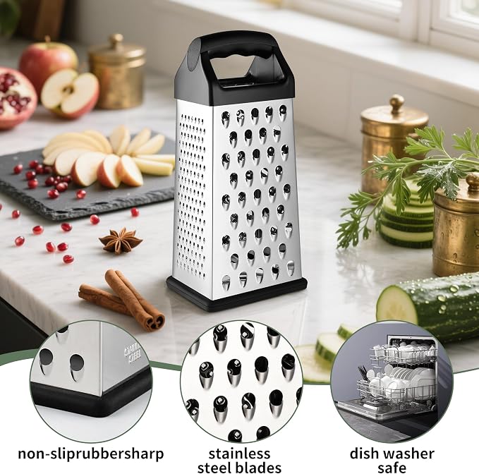 Kaishun 9IN Cheese Grater, 4-Sided Box Grater for Cheese, Vegetable & Fruit