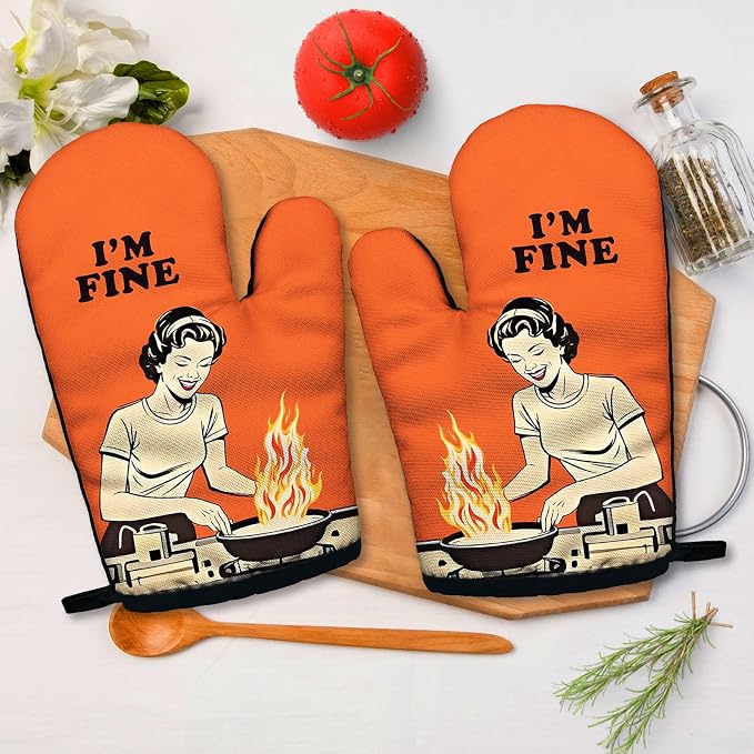 I am Fine, Funny Silicone Non-Slip Oven Mitts Sets of 2, Retro Cooking Baking Mitts, Kitchen Gift for Women, Housewarming Gifts, Cooking Baking BBQ Gifts